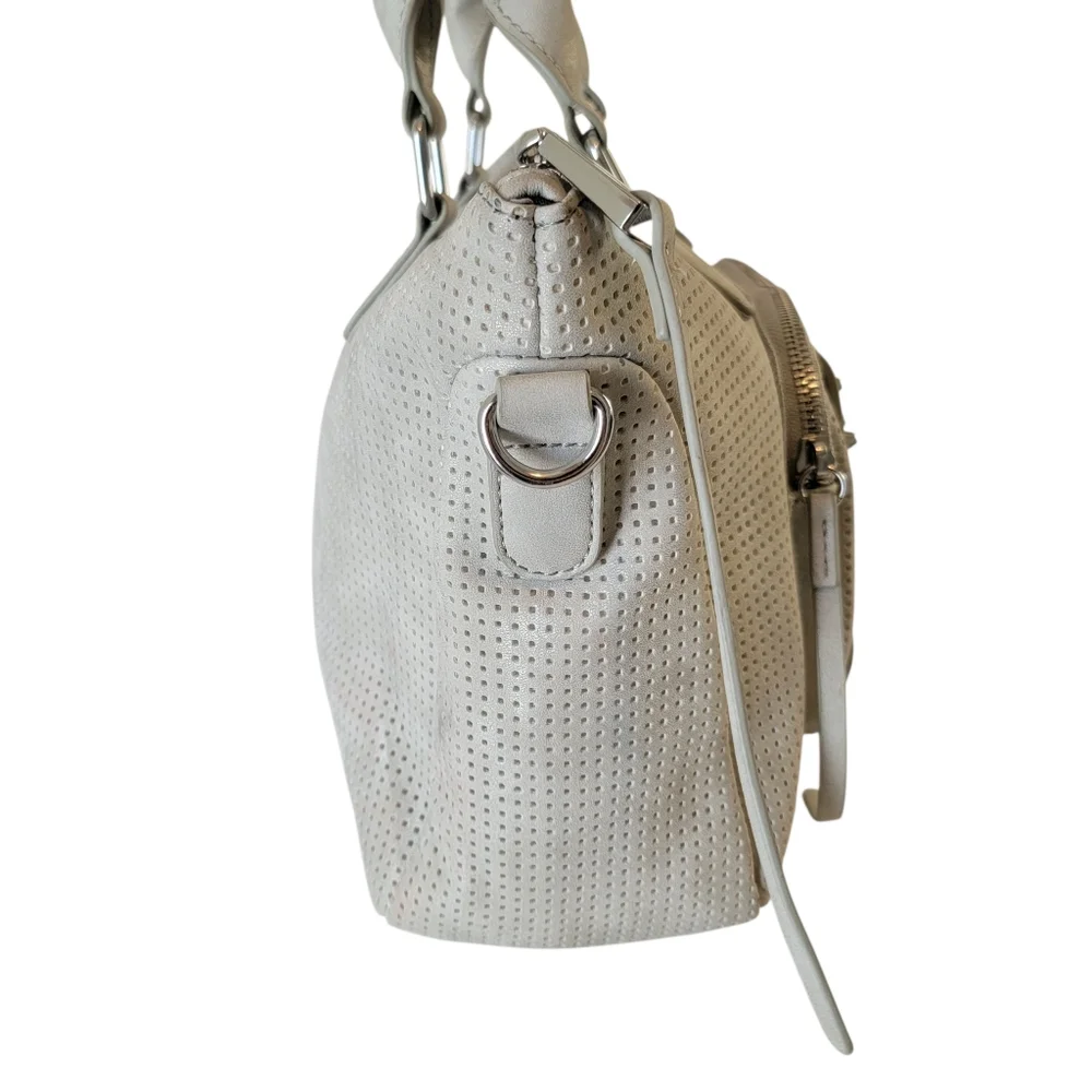 She + Lo Hobo Bag Gray Cutout Pattern Studded Faux Leather Missing Strap EUC